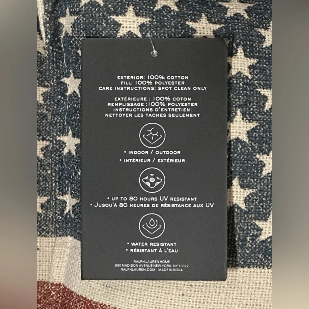 1 RALPH LAUREN USA FLAG PILLOW INDOOR OUTDOOR STARS STRIPES ALL WEATHER